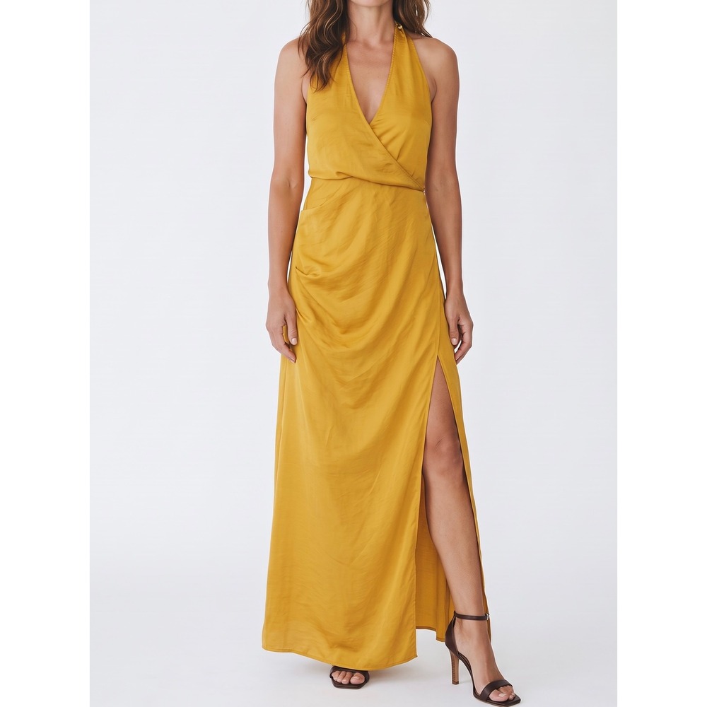 PrettyLittleThing | Halter Wrap Maxi Dress | 2 | Mustard Yellow | Textured Slit